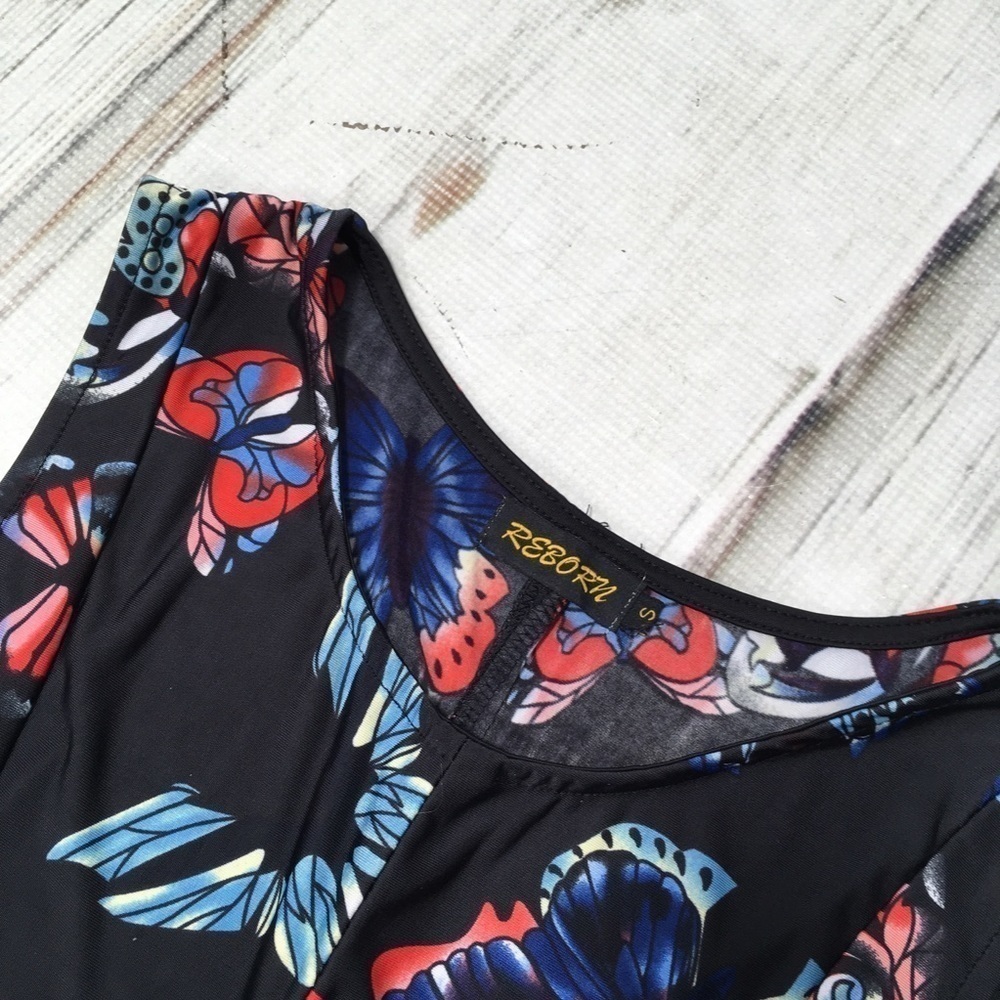 Reborn Dress Black Butterfly Sleeveless Pleated Maxi Small - Picture 8 of 12